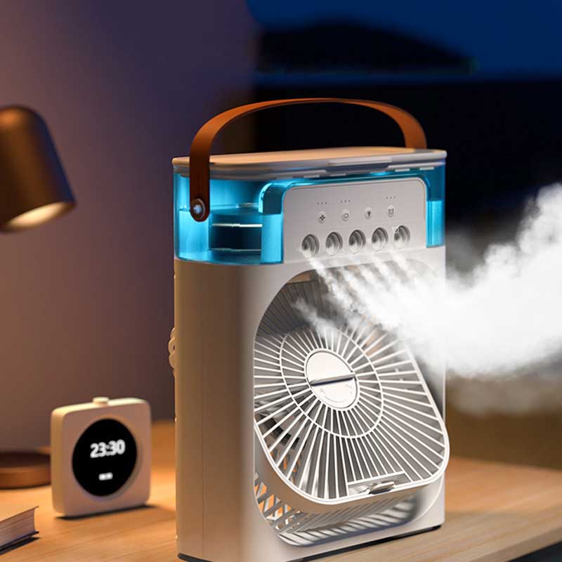 USB Mini Air Cooler Fan – 3-in-1 Cooling, Humidifier & LED Light – Portable & Rechargeable